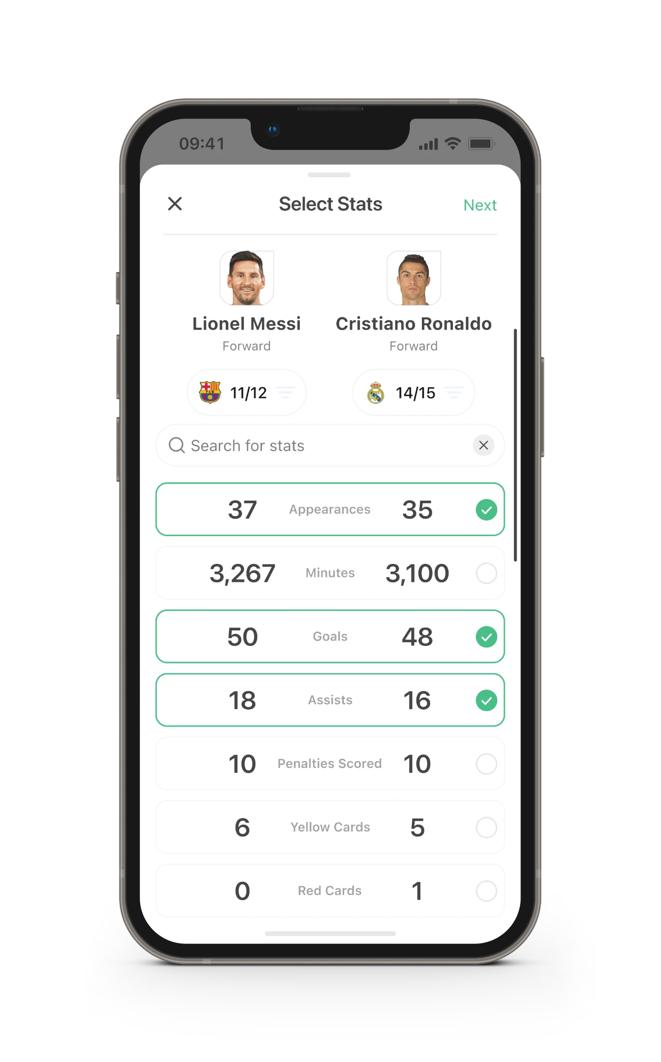 A screen comparing the stats of Lionel Messi and Cristiano Ronaldo